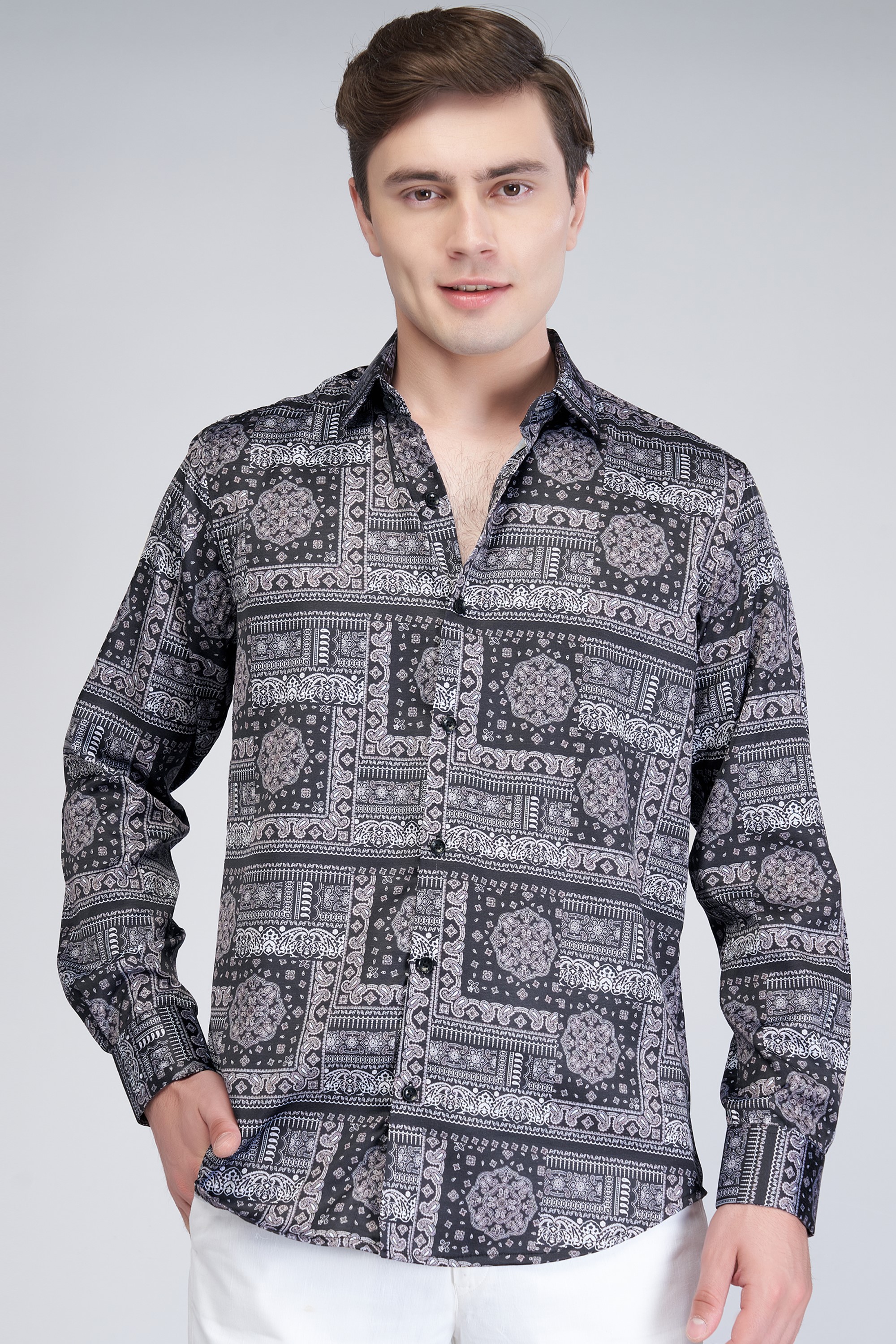 black patterned shirt